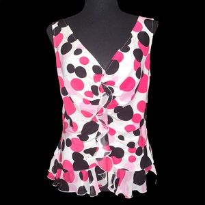 Escada | Pink & black polkadot silk ruffle front blouse